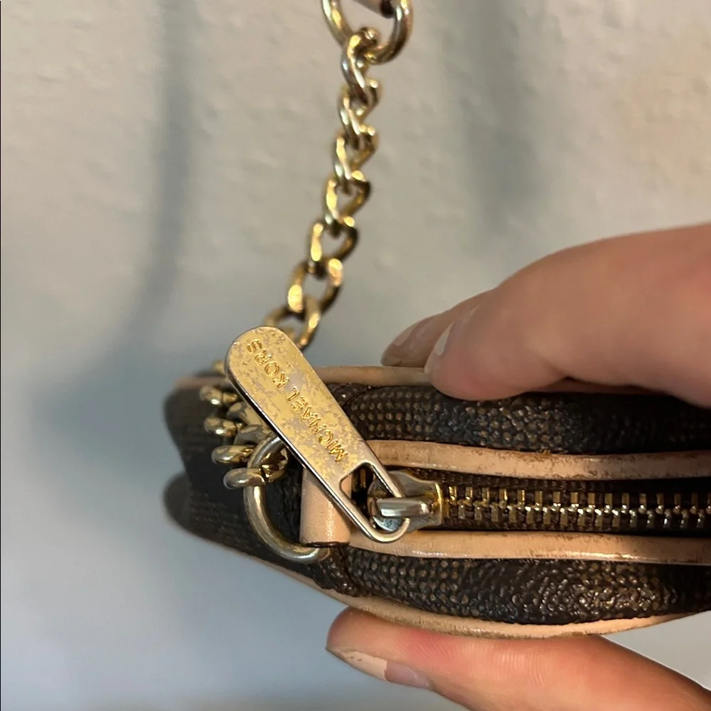 Michael Kors Brown Logo Crossbody with Gold Chain and Beige Trim
